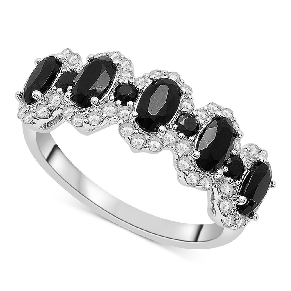 Onyx & White Topaz (3/4 ct. tw.) Oval Halo Ring in Sterling Silver